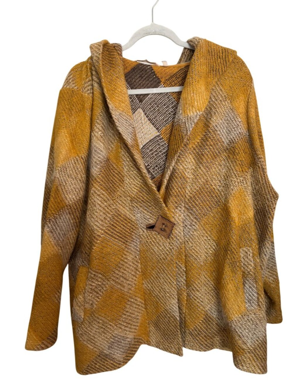 Soft Surroundings Yellow Plaid Hooded Diamond Knit Button Cardigan Jacket 3X